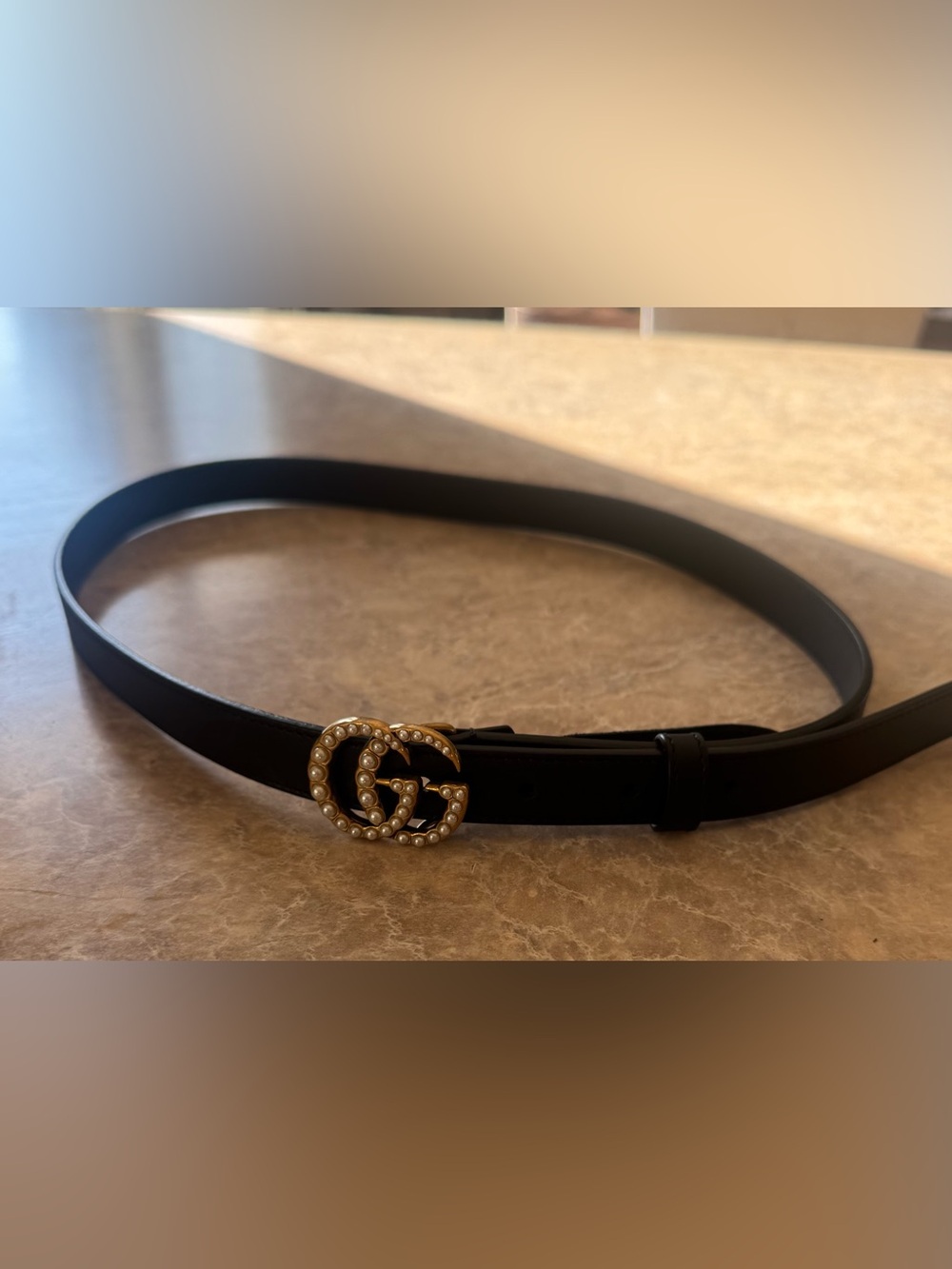 Gucci Black Leather Belt with Pearl-Embellished Double G Buckle